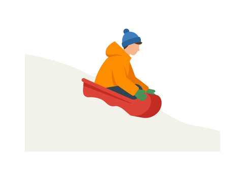 Person in orange jacket and blue hat riding red plastic sled down a snowy hill vector illustration flat design isolated on white background