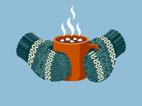 Hands in pattern knitted mittens holding hot orange mug of chocolate with marshmallows vector illustration isolated on blue background