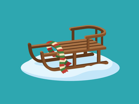Classic wooden sled with colorful striped scarf on snow vector illustration isolated on teal background
