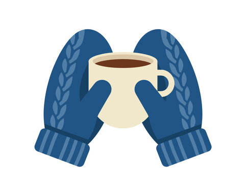 Pair of hands in blue knitted mittens holding a warm mug of hot coffee or cocoa vector illustration isolated on white background