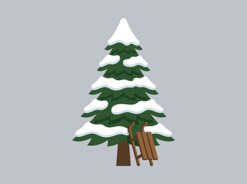 Pine tree covered in white snow with wooden sled leaning against trunk vector illustration in flat style isolated on grey background