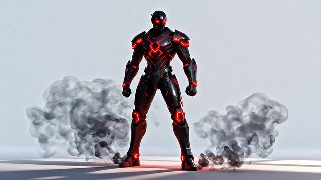 Futuristic armored figure with glowing red lights