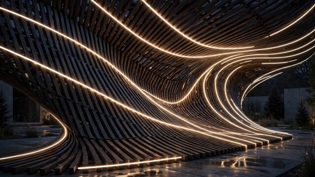 Modern Architectural Design with Flowing Lines and Warm LED Lighting.