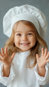 Little girl excitedly reaching forward wearing chef uniform in studio