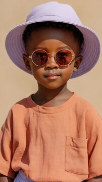 Child wearing sunglasses and bucket hat standing in beige studio