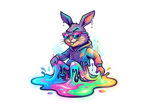 Colorful Cartoon Rabbit with Sunglasses and Paint Splash.