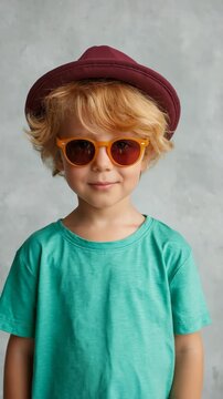 Young boy standing full length wearing hat and teal shirt