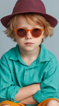 Young boy wearing sunglasses with arms crossed in studio