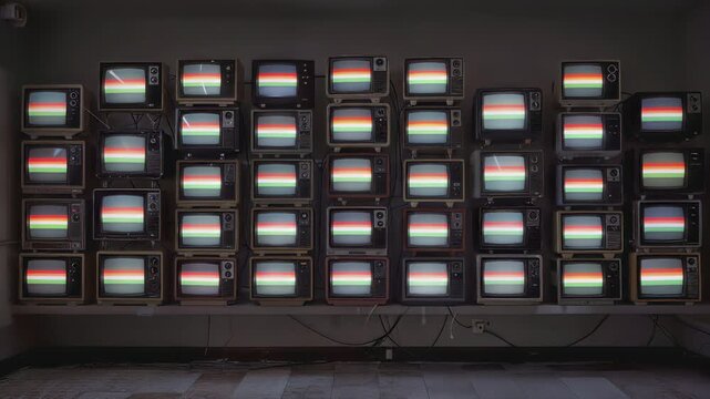 Wall of vintage television sets displaying synchronized abstract geometric patterns. Static wide shot of retro media installation.