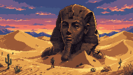 Pixel art illustration of a giant ancient Egyptian sphinx statue half-buried in desert sand dunes with a traveler at sunset