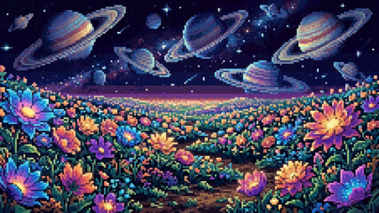 Pixel art illustration of a surreal alien flower field under a cosmic night sky filled with multiple ringed planets and stars © Pyxzel