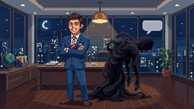 Pixel art illustration of a smiling businessman standing confidently while his shadow turns into a dark exhausted monster representing burnout and mental struggles in a night office