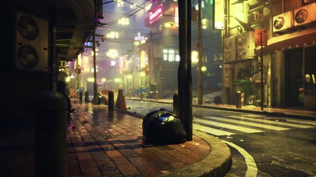 Neon empty wet alley at night rainslicked pavement reflecting colorful shop signs solitary garbage on curb warm lamppost glow cinematic noir atmosphere