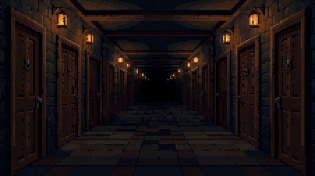 Pixel art illustration of a dark, eerie, and endless stone corridor with wooden doors and glowing wall lanterns fading into darkness