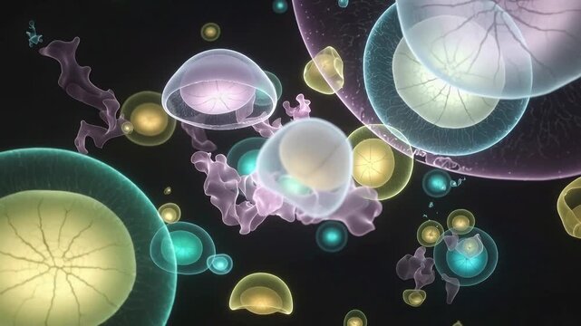 Colorful shapes and patterns move in abstract space at a digital art show