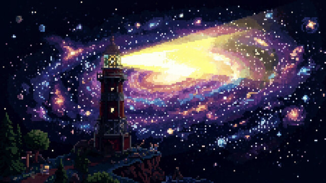 Pixel art illustration of a lighthouse shining a bright light beam into a vast cosmic spiral galaxy and starry night sky