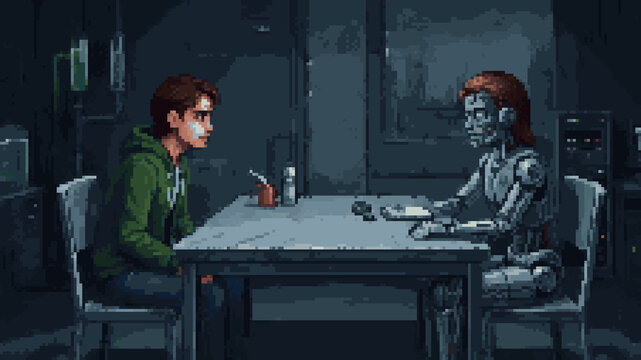 Pixel art illustration of a young man sitting at a table and talking to a humanoid robot in a dark industrial room