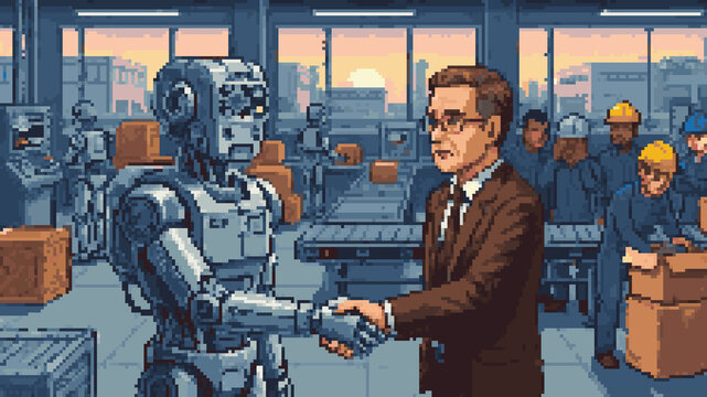 Pixel art illustration of a businessman shaking hands with a humanoid robot in an industrial factory with workers in the background