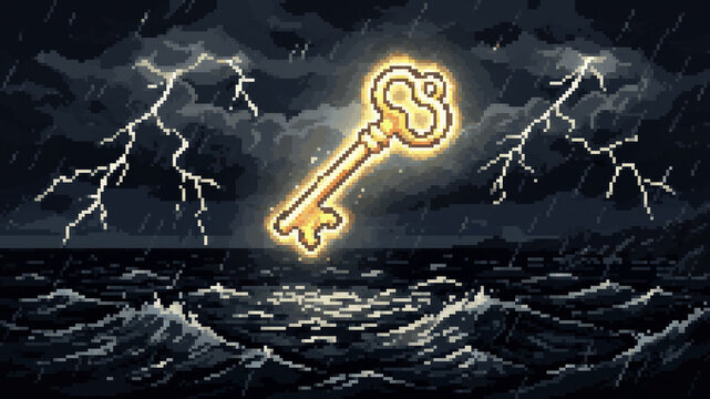 Pixel art illustration of a glowing magical key floating above a stormy sea with crashing waves and lightning strikes