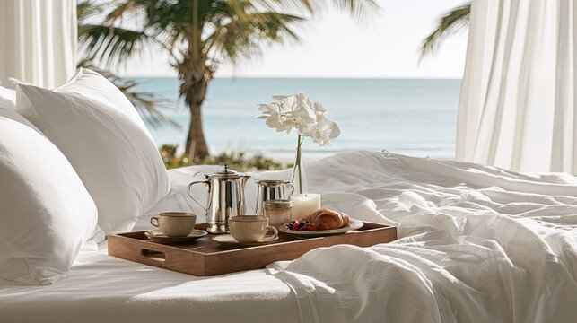Luxurious morning coffee and pastry served on a bed overlooking the ocean