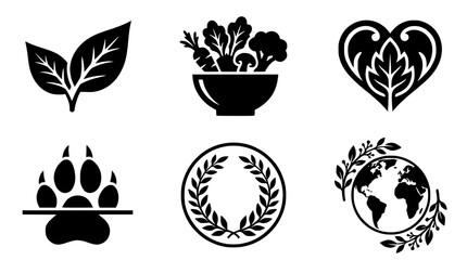Naklejka premium Minimalist nature icons set in black silhouette style. Vector line art of plants, animals, and earth for eco-friendly designs.