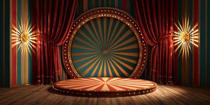 A vibrant circus stage with a radiating backdrop, illuminated by spotlight and ornate curtains