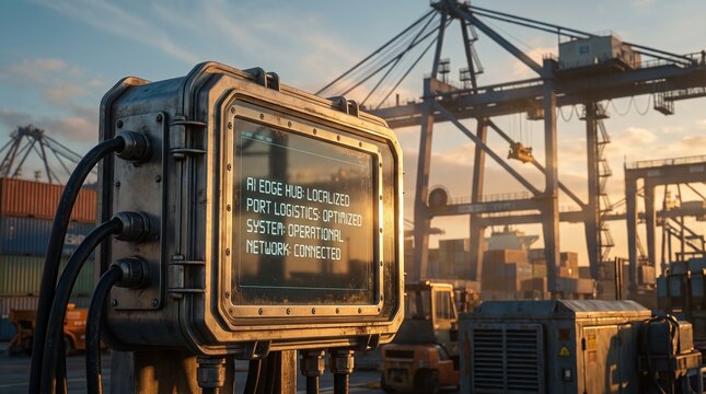Ruggedized AI Edge computing hub control enclosure deployed at automated shipping port terminal with screen telemetry,old port crane