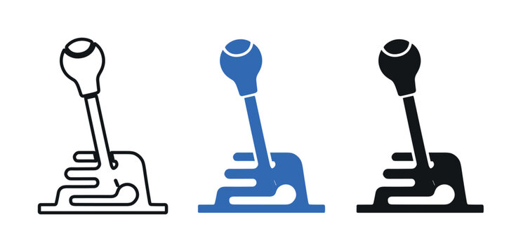 Three stylized manual car gear shift icons, presented in outline, blue solid, and black solid versions on a clean white background