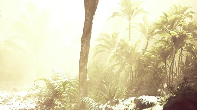 Sun drenched palm trunk with ferns and bark texture, vertical composition highlighting light and shadow, botanical detail suited for editorial and texture