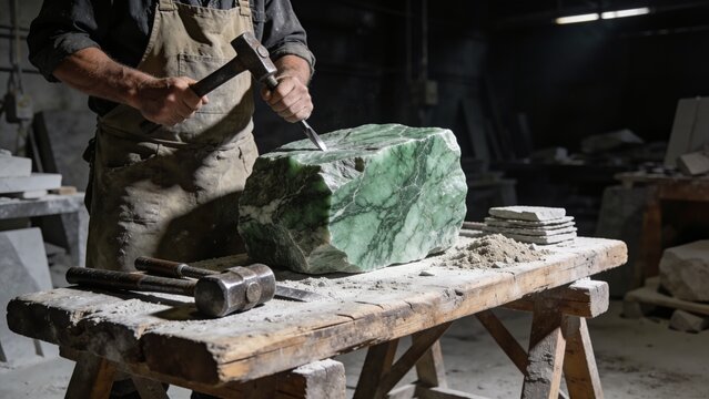 Stonemason Carving Green Marble Block with Hammer and Chisel