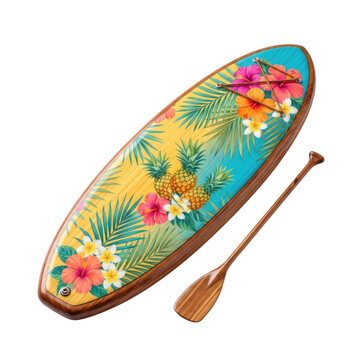 Tropical floral stand up paddle board. Isolated SUP board with paddle for summer water sports.
