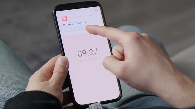 User interacting with a push notification on a smartphone lock screen. Tapping to view birthday wishes from family and friends. Ideal for app design portfolios, engagement UX showcases