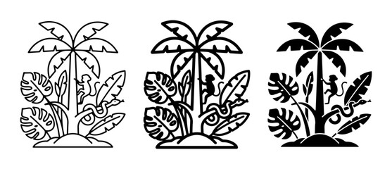 3 Jungle icons set palm tree monkey snake tropical plants, UI and web interface design © Nahid Rana