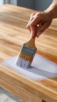 Hand painting wooden table with white paint on tabletop