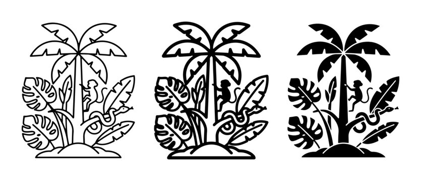 3 Jungle icons set palm tree monkey snake tropical plants, UI and web interface design