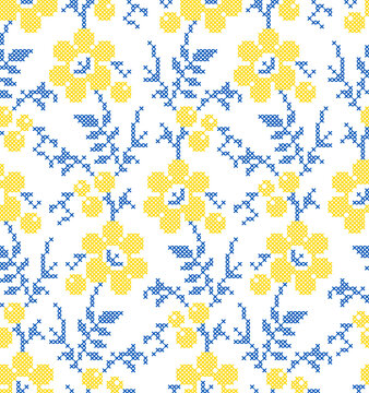 Ukrainian Floral Seamless Cross Stitch Pattern on White Background, Traditional Vyshyvanka Folk Ornament, Decorative Embroidery Inspired Vector Illustration