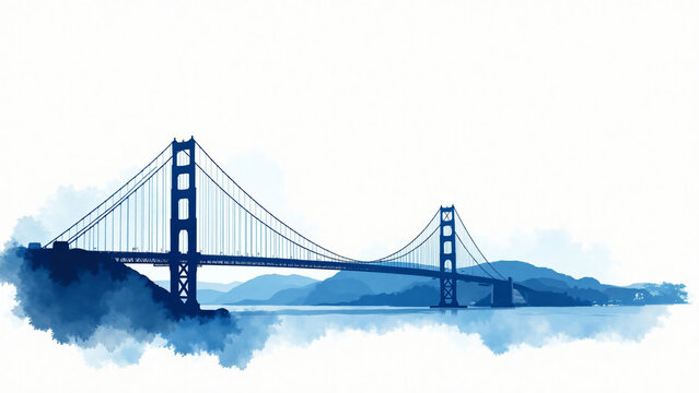 Watercolor Bridge with Splashes Blue watercolor silhouette of the Golden Gate Bridge on white background with paint splashes. Copy space below for text