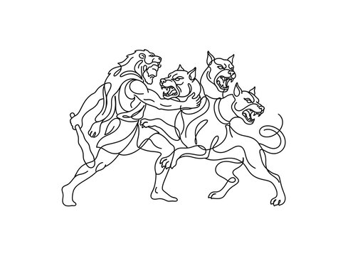 Mythical hero battling fierce three-headed beast.