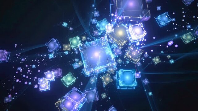 Light patterns move in space with squares and colors at different angles