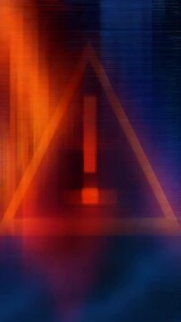 Glowing warning triangle with exclamation in glitchy dark background