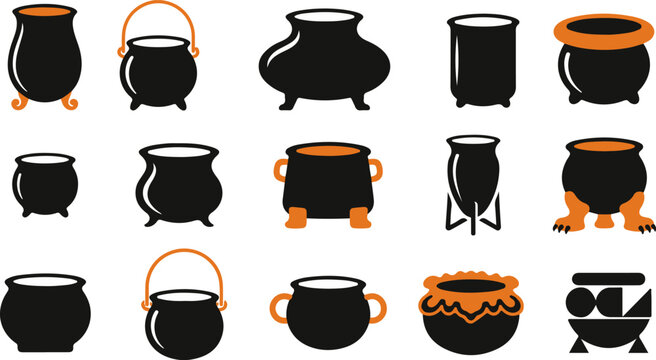 Collection of various black witch cauldrons and magic pots for halloween design elements and fantasy illustrations