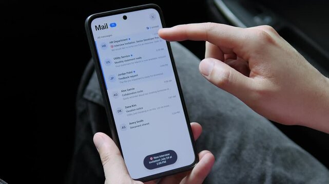 Candidate receives a mobile interview invitation for a senior technology role, highlighting digital recruitment, remote hiring and the competitive modern job market.