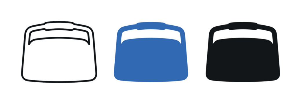 Three simple face shield icons are displayed in a row, featuring outline, blue solid, and black solid styles on a white background