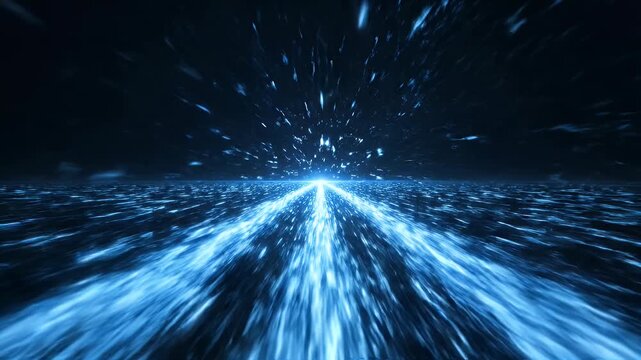 Abstract blue light streaks propel forward into a bright, glowing horizon
