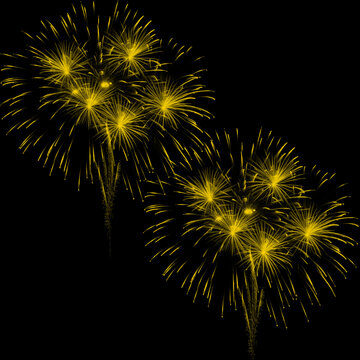 Two Yellow Dandelion-Like Fireworks Upper Area on Black Background