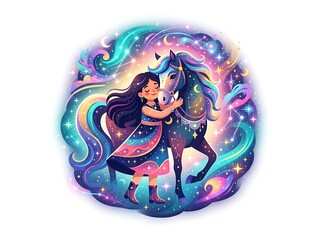 Colorful fantasy scene with girl and unicorn. © Vidya Rahmandari