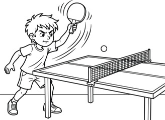 Determined young boy hitting ball with paddle at tennis table for competitive indoor ping pong sports game vector