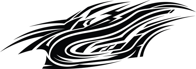 Fototapeta premium Complex black tribal decal with layered flowing curves and sharp pointed for vehicle side body on a white background