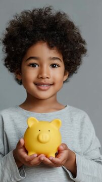 Child holding yellow piggy bank smiling in gray studio portrait