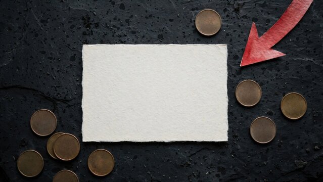 Red Arrow Points Down Towards Blank Paper and Coins on Dark Textured Background.